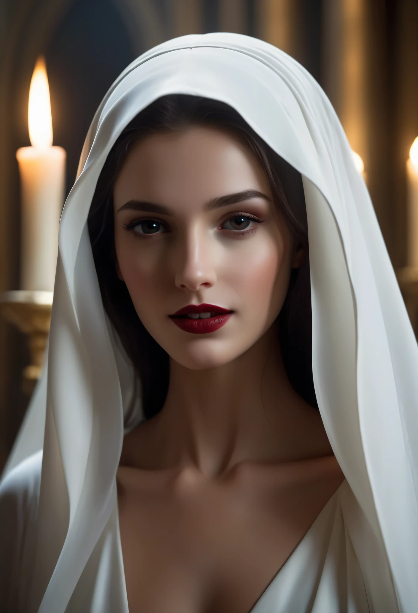 (best quality,4k,8k,highres,masterpiece:1.2), ultra-detailed, (realistic,photorealistic,photo-realistic:1.37), In the flickering candlelight of a dimly lit cathedral, there stands a figure that strikes a curious balance between beauty and malevolence. Cloaked in the guise of a serene nun, this entity exudes an otherworldly allure that belies its true nature.

Her form is draped in flowing robes of pure white, the fabric cascading around her like a veil of innocence. Each fold and crease seems to whisper of sanctity and devotion, drawing the eye with its ethereal grace. But beneath the surface lies a darkness that threatens to consume all who dare to gaze upon her.

Her face, framed by a simple white wimple, is a study in contrasts. High cheekbones and delicate features give her an air of angelic serenity, while her eyes, pools of obsidian darkness, gleam with a wicked intelligence that betrays her demonic origins. They hold a hypnotic allure, drawing the unwary into their depths with a promise of forbidden pleasures.

But it is her smile that truly unnerves those who behold her. It is a smile of pure malevolence, a twisted mockery of the serene expressions worn by the faithful. Her lips, painted a deep crimson, curl upwards in a sinister grin, revealing a row of perfectly white teeth that seem almost too sharp to be human.

As she moves with a predatory grace through the hallowed halls of the cathedral, her presence casts a shadow over all who cross her path. She is a creature of temptation and deceit, a seductress who preys upon the weaknesses of the soul with merciless abandon.

And though her beauty may be captivating, it is but a mask for the darkness that lurks within. She is a fallen angel, a harbinger of sin and corruption, and those who dare to look upon her do so at their own peril.





