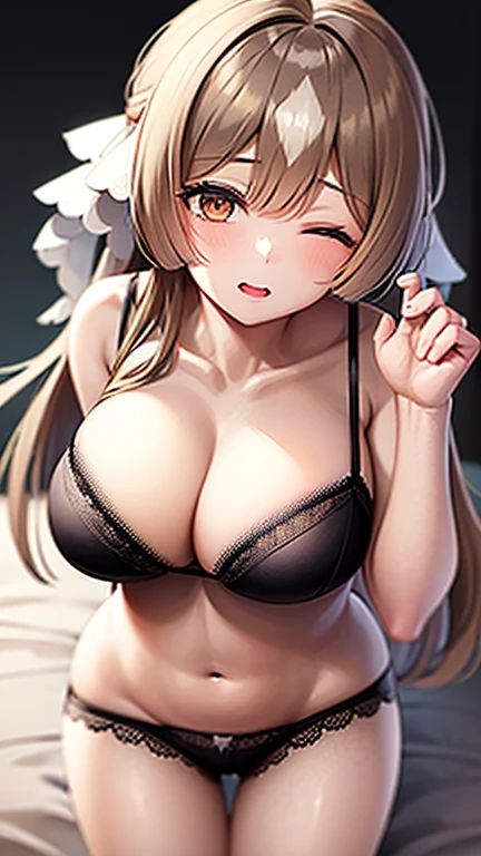 ((one eye open)),(((one eye closed))), (winking),blush,((embarrassed)),blue eyes,((breast milk)),(close up breasts),((bent over)),panties,(masterpiece),(((from front))),((lace trimmed black bra)),1girl,pale skin,blunt bangs,straight hair,(long hair),large breasts,gold_earrings,((bedroom)), breast in 1penis,paizuri, (penis), 