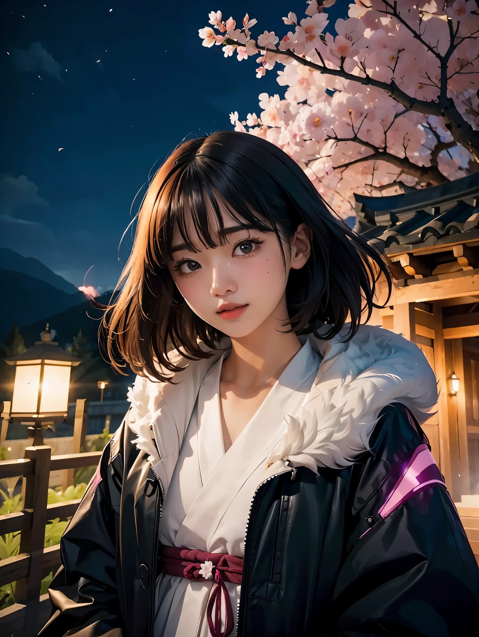 (best quality, masterpiece),(1girl, miko, coat, expression face, black eyes, looking at front ,black hair, walking, upper body), (night strray sky, huge old tree behind, falling glowing pink petals behind, shrine behind, mountain background, blowing wind, meteoric cloud)