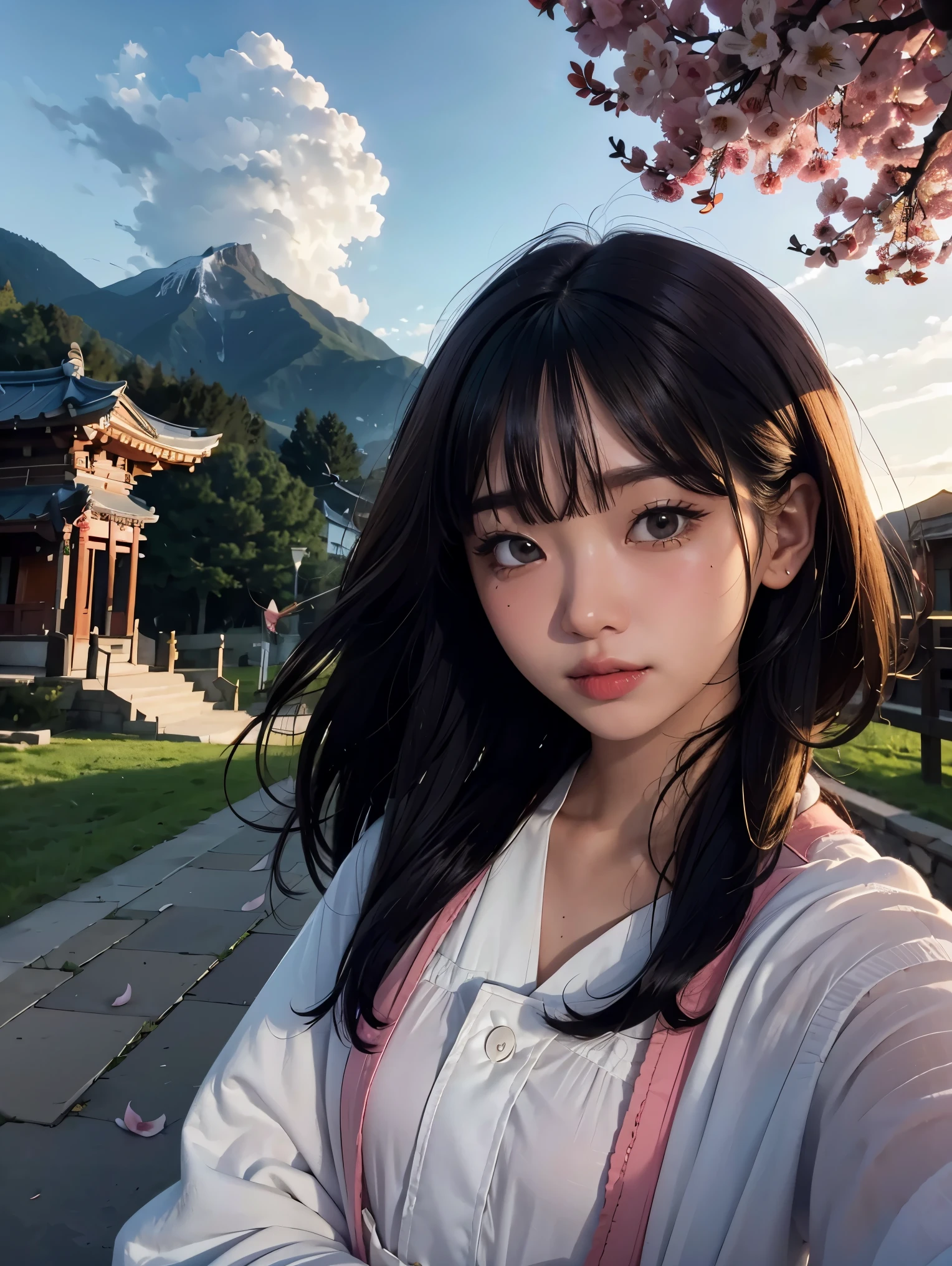 (best quality, masterpiece),(1girl, miko, coat, expression face, black eyes, looking at front ,black hair, walking, upper body), (night strray sky, huge old tree behind, falling glowing pink petals behind, shrine behind, mountain background, blowing wind, meteoric cloud)