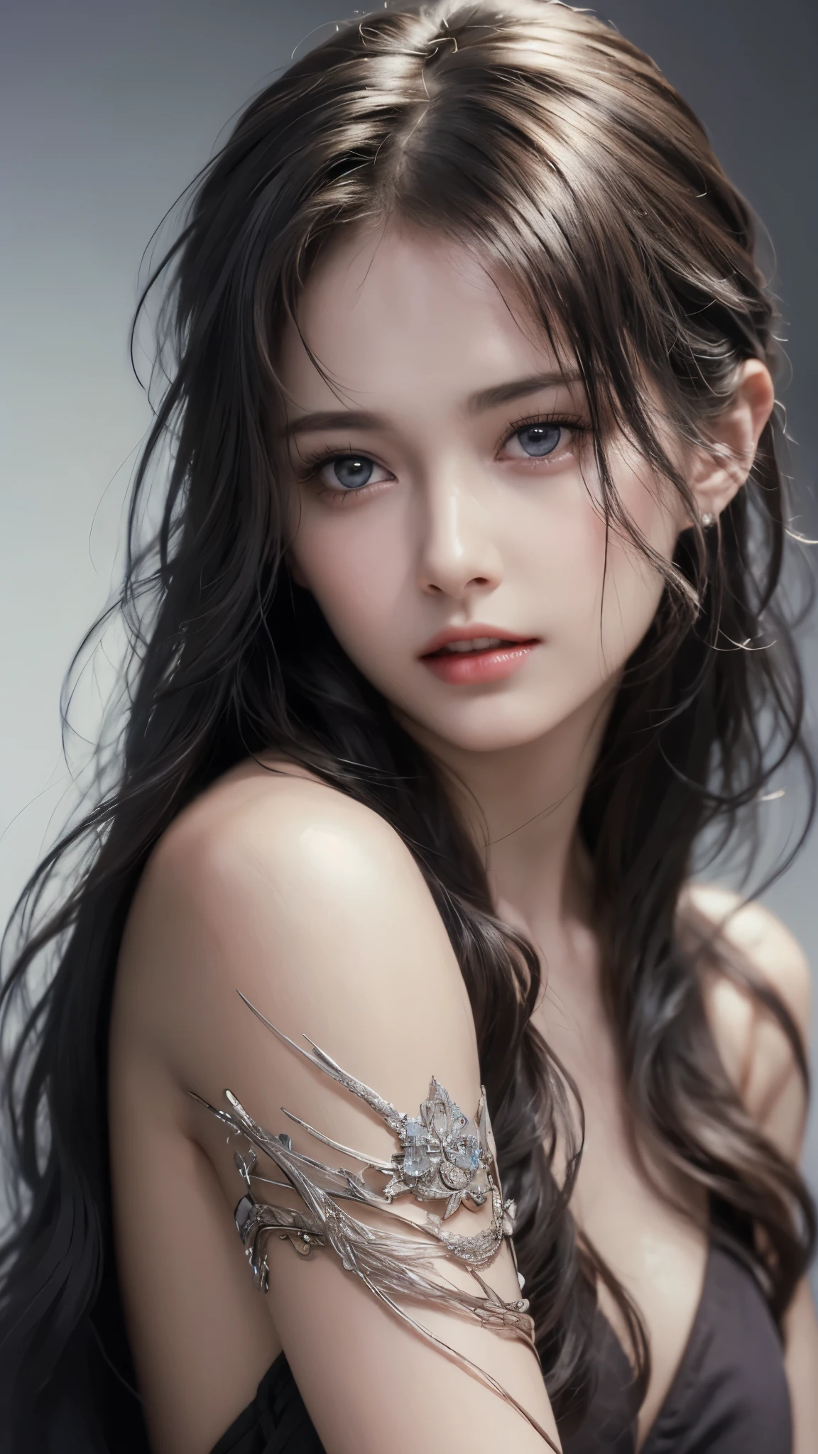 A stunning masterpiece by Luis Royo, featuring a top-quality and realistic portrayal of a beautiful girl with shiny, natural skin texture. This surreal portrait captures the essence of youth and beauty, with intricate details on the girl's two arms and two legs.