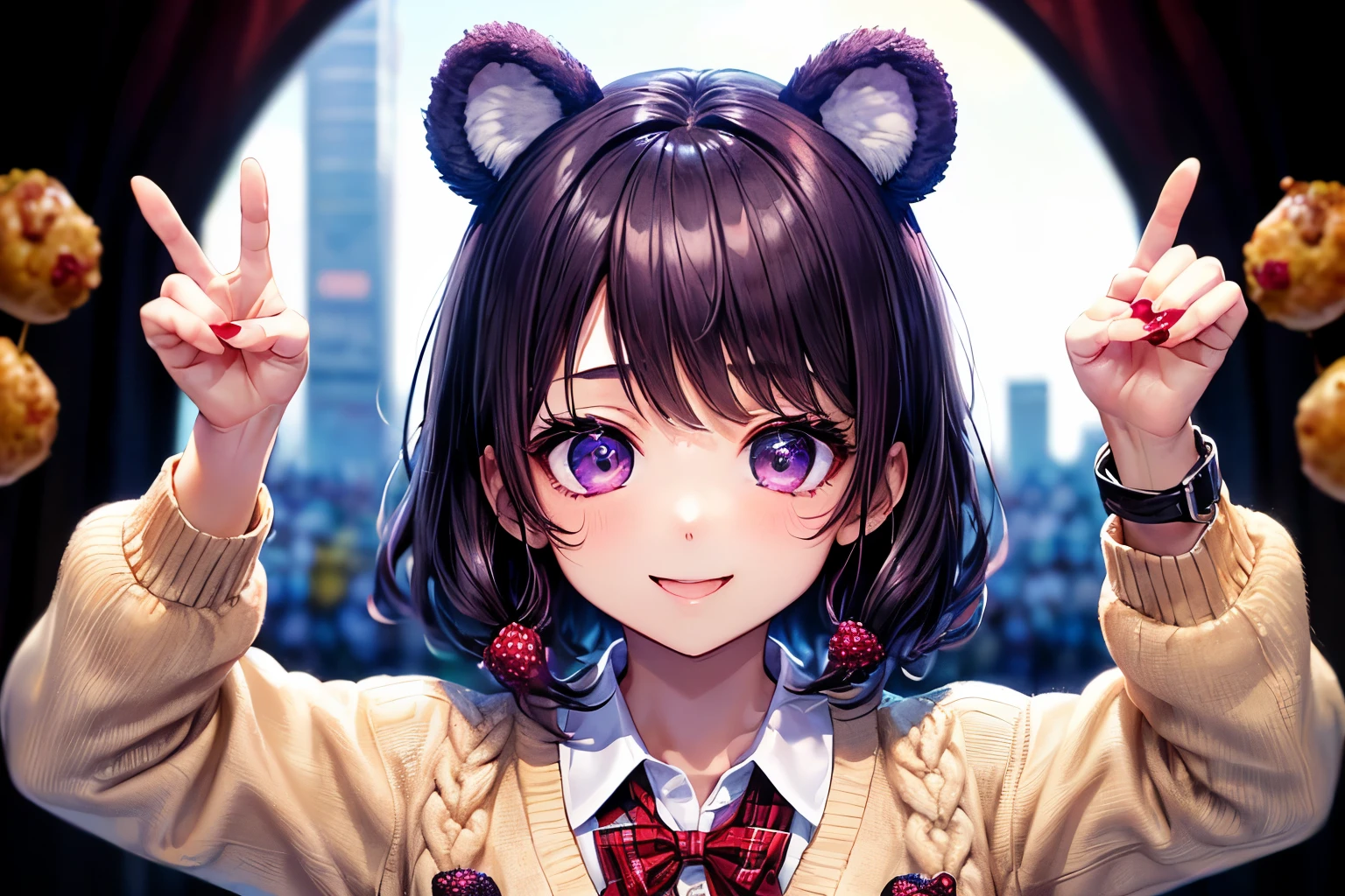 ((worst quality, low quality)), muste piece,best quality,Super detailed,masterpiece, (Kyocera Dome:1.3), (stadium background:1.2), ((Close-up)), ((face focus)), ((Kemonomimi girl with black bear ears:1.2)), solo, ((Black hair berry berry short:1.3)), plump and glossy lips, (Beautiful purple eyes:1.3), spoken word heart, (best smile), spoken word heart, (Cute Pose:1.2), (school uniform:1.2), (Beige cardigan fits the body:1.4), ((long sleeves, sleeves past the wrist):1.2), (White collar shirt underneath:1.3), ((raise button, Not loose):1.5),(red plaid pleated skirt:1.3), ((Dark Brown Pantyhose Afers):1.2), (perfect hands:1.4), (eat takoyaki:1.5), best quality, masterpiece,