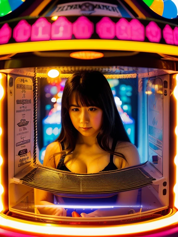 (((Obra maestra))), (((mejor calidad))), ((Claw Machine)), manos en el panel inferior, control the long joystick and press the on, usando una abrazadera para levantar el juguete, 1 chica, Shy, rubor , Claw Machine, vista trasera,n1c0l3k-v2