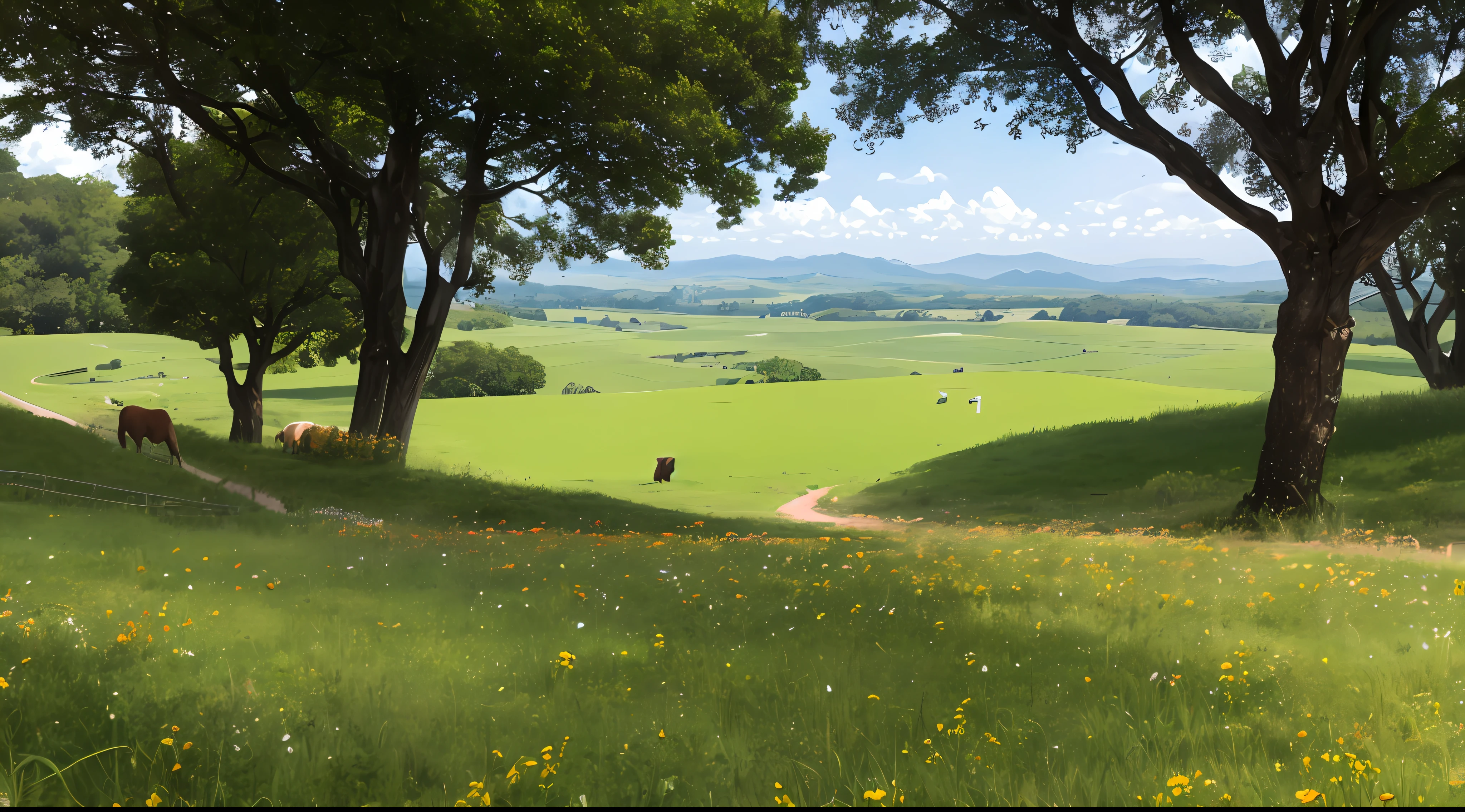snowy mountain top,The vast grassland stretches up to the sky.。on the screen,cattle, The sheep and wild flowers in the meadow are reflected in white.,Let people feel the vastness and beauty of nature.。beautiful、heal、A blockbuster with a great view、Eye Protection、refresh、great outdoor activities、Wonderland、wide angle、Leica、ultra clear、bright lights,real scenery,High fidelity Photograph,Rich and detailed details --auto