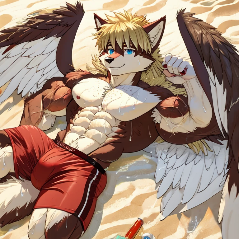 (masterpiece, Best quality:1.2), very young wolf boy, lying on the beach, in speedos, body covered in dark red fur, Furry style,sexual,horny,very muscular wild ,full height,veiny muscles, very long blond hair,freckles on the body and face,blue eyes,defined muscles,wet body from sweat,sharp focus, young , friendly,Angel wings, 