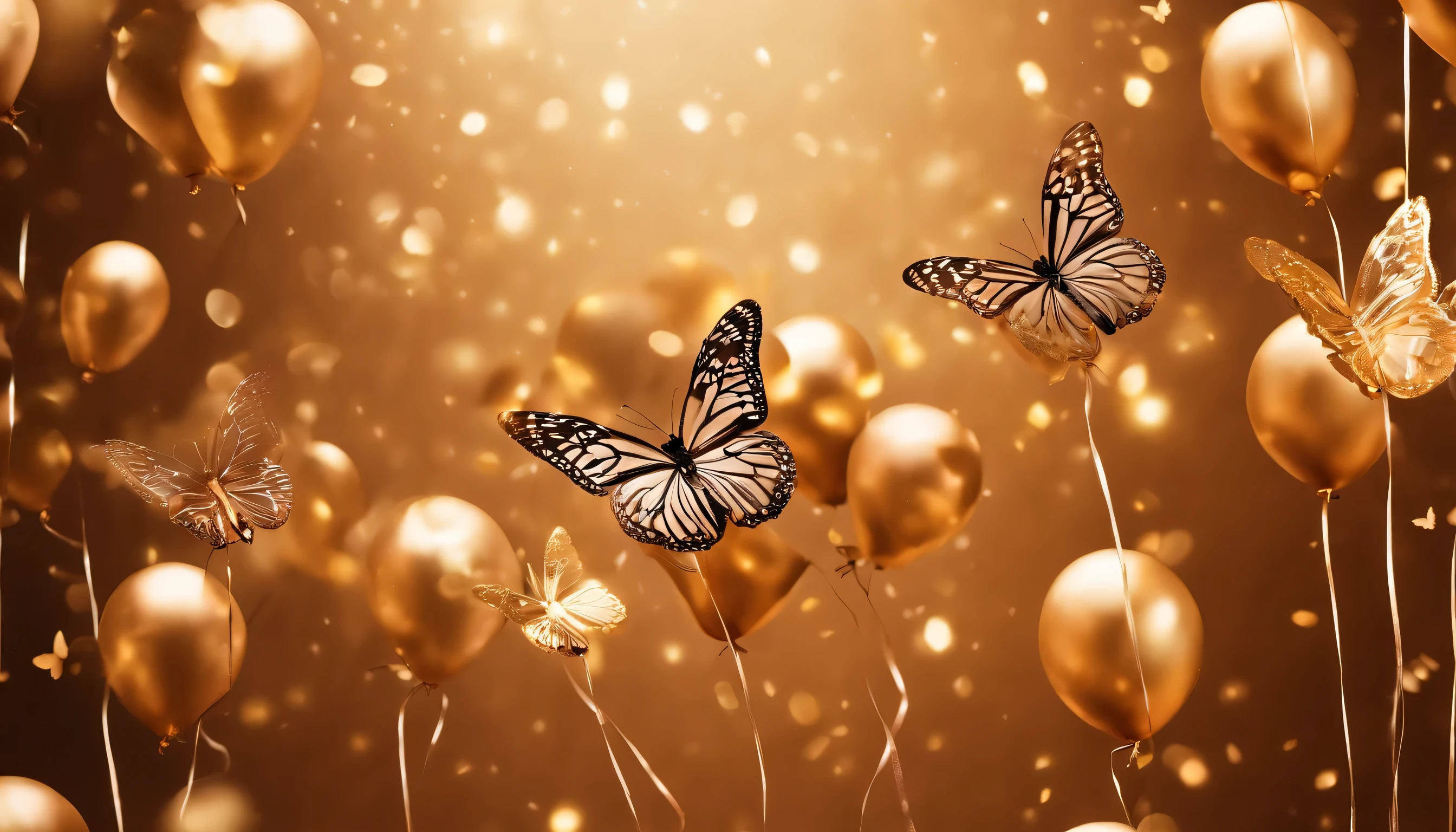 Create a rose gold background with golden balloons and white butterflies around it, with text " Larissa 15 years old" in neon destacado ao centro e a frase happy birthday abaixo em tamanho menor