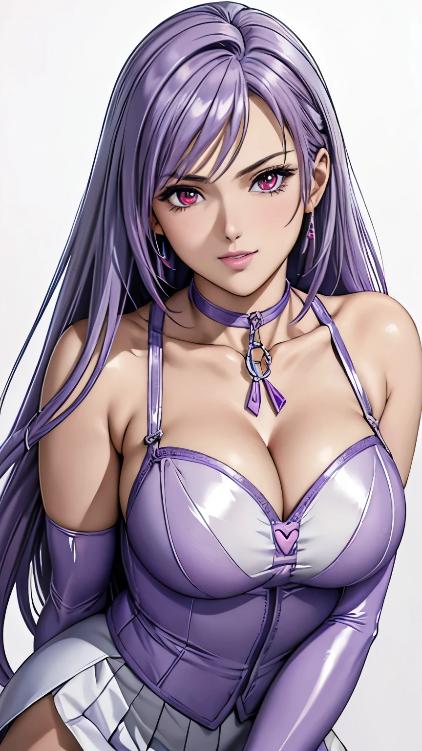 red eyes, (highest quality, masterpiece painting:1.3), immature woman, , (half body shot), masterpiece, ultra high resolution, (Photoreal:1.0), ((light purple hair)),straight hair, beautiful shining hair, white and shining skin, ((Ultra realistic details)), octane rendering, highly detailed face, (big breasts: a heart with hands), bare shoulder, light purple pvc outfit, (light purple pvc serafuku:1.3), (light purple pvc pleated skirt), light purple pvc elbow gloves, light purple pvc thigh boots, (garter straps:1.2), Fabric Glows, open neckline, cleavage, perfect body,in, silver earrings, (pure white background:1.4), sharp focus, intricate details, professional artwork, (bright colors:1.1), bright colors, diffused lighting, digital blending, ultra-definition body, ultra detail hair, super detailed face, that'It's trending on pixiv, top button open, Cute gaze, compens perfect lips, perfect compensate, Ultra-precision coating, (light_smile:0.8), (smugness:1.2),blush your nose,