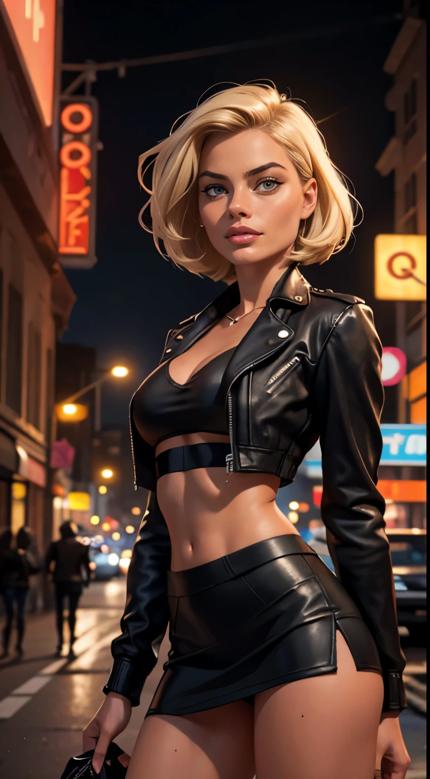 Margot Robbie hugs a black man, Hyper-realistic close-up photo of Doutzen Kroes, masterpiece, Best quality, (black biker jacket over black crop top:1.1), (black leather mini skirt:1.2) Night street after rain, neon, cinematic light, Beautiful woman, skinny, medium breast, Blonde Platinum Hair, (square haircut:1.2), Wrinkles on the face, detailed face, smile, facing the camera, photo taken from afar,