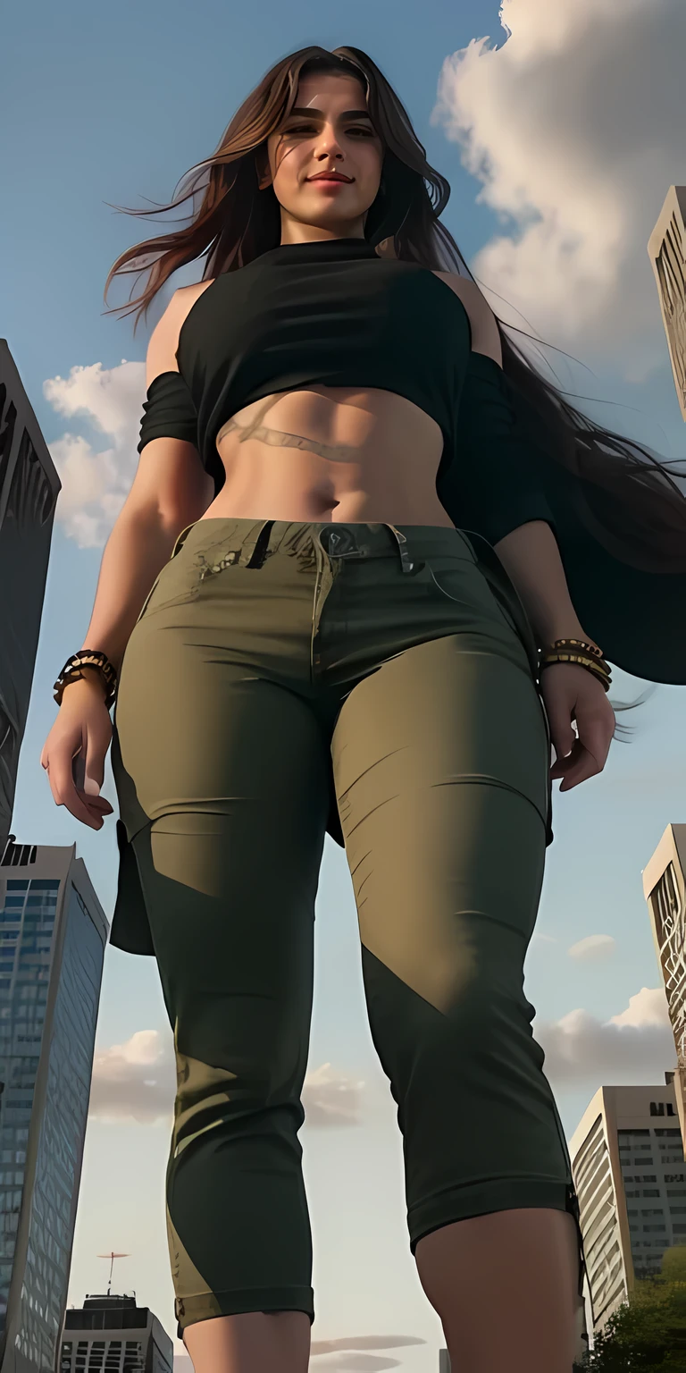 "A towering Giantess in a cool and laid-back hippie style is rocking a crop top and baggy pants. Her toned and athletic build hints at her massive strength. She seems to be casually strolling through the bustling cityscape of GTS City, as towering buildings loom overhead. Smoke and clouds roil around her, adding to the sense of epic scale and drama. The lighting is dark, gloomy, and realistic, creating a tense and ominous atmosphere. The perspective is from below, emphasizing the sheer majesty and power of the Giantess."