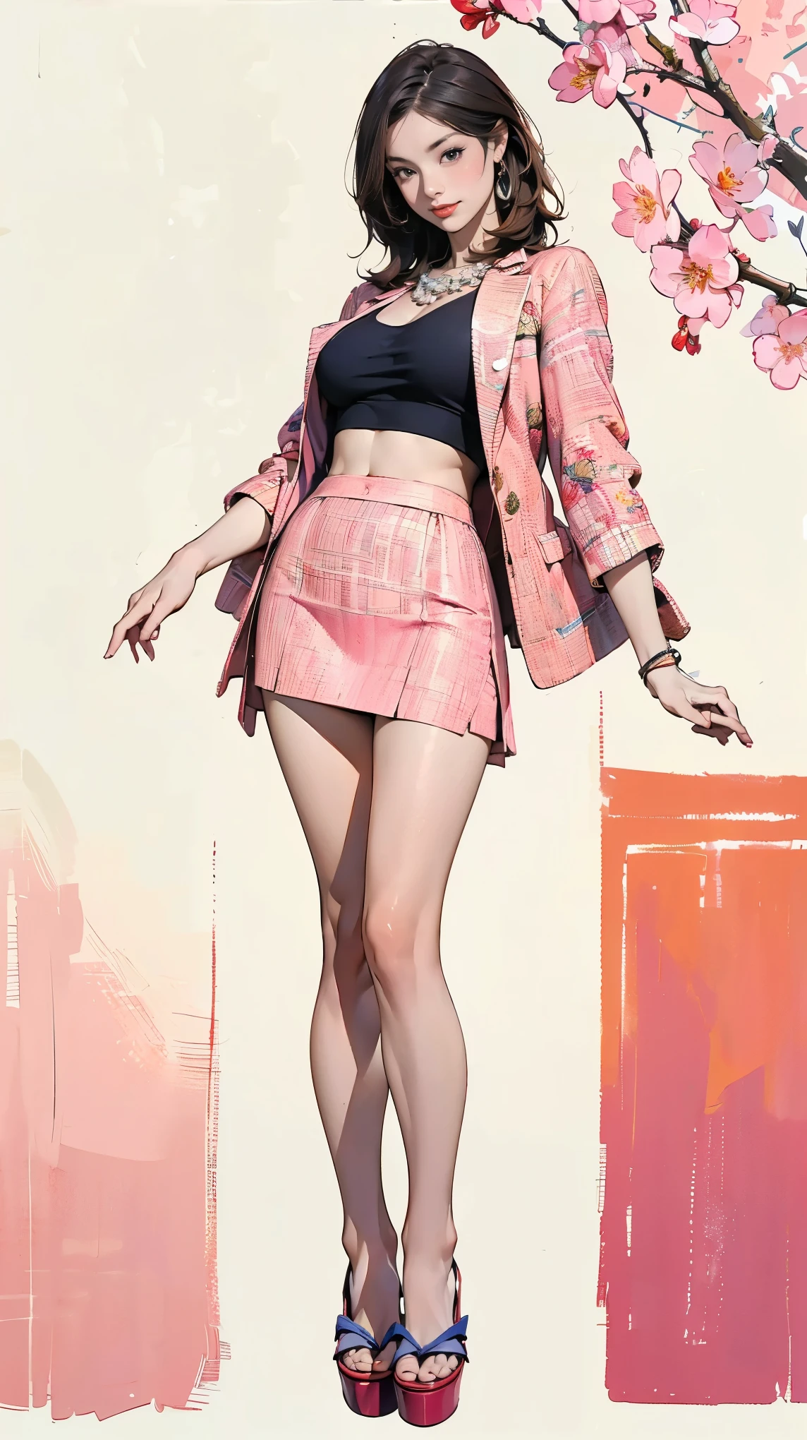 (Ultra-detailed, photorealistic, best quality, 4k,8k, highres, masterpiece:1.3), Featured is Sachi, a graceful figure from Tokyo, Japan, ((who embodies the essence of elegance and charm)), (((She boasts a stature, standing at 1.55 meters and weighing around 48 kilograms, epitomizing the blend of traditional Japanese beauty and modern allure))), (Her hair is always meticulously arranged), (Her eyes are gentle brown), ((and a physique with a flat abdomen, a peachy posterior, and perfectly round, perky F-cup breasts)), accentuated by her modest demeanor, (((She is wearing a pink tweed suit from Coco Chanel's collection, (consisting of a fitted tweed jacket and a matching tweed skirt), (Paired with a white silk blouse), this outfit subtly highlights her curves while maintaining a modest, dignified look))), She accessorizes with a Chanel pearl necklace, and carries a classic quilted leather handbag from Chanel, (exceptionally detailed:1.3),, super finely detailed hands, ultra finely detailed fingers(((ten fingers))), (posing elegantly), (full body showcase), (show full body), (no logos in the background), (no logo), ((**traditional Japanese architecture home background)).