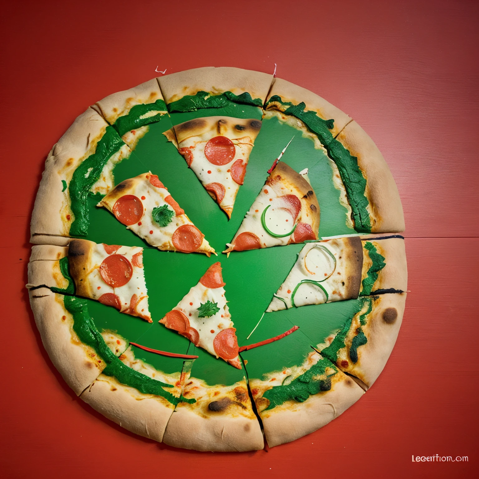 Create a logo with red and green lines with a pizza and with letters Leo
