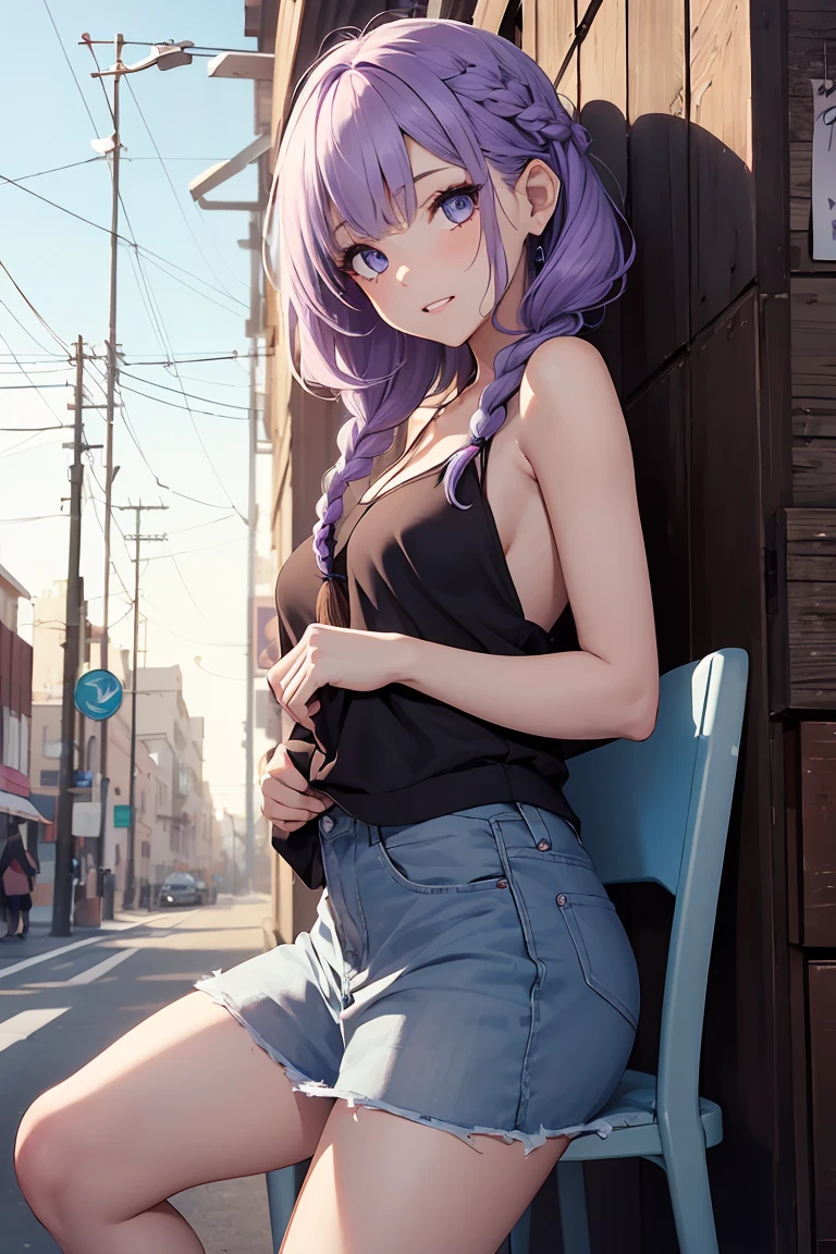 ((1 girl)), (Low - Angle), latest trend clothes, Sit on a chair, Neon Color Fashion, Put your hands in your pockets, Street fashion,camisole , mini skirt, Cowboy Shot,((Very detailed,highest quality, High resolution, 8k wallpaper, Beautiful clothes,)),((Light purple hair, Shortcuts,Braided hair)) , (teeth), or face, Upward glance, Hunchback,eye shadow, eyeliner,Glow Eye, Very detailedな目, Clear Eyes, Beautiful Eyes, 18-year-old girl.