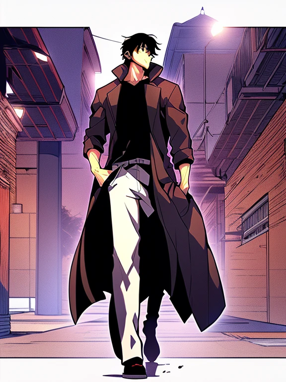 (Illustration, high resolution, best quality: 1.5, masterpiece, minimalist, simplistic detail, anime) solo: 2, teenager, fushiguro toji, shirt, high collar coat, jeans, boots, full body, side view: 2, dark coat, running,