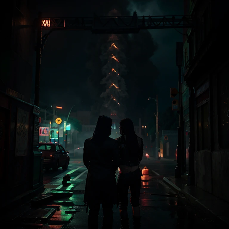 Demons, Mexico city, fallen angels, rainy night, huge fire in the sky, dark emo goth aesthetic , rain, neon, crime, AK-47, demons, thugs, gang, blood