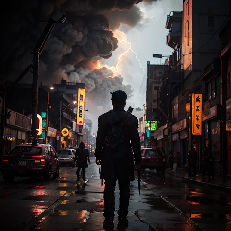 Demons, Mexico city, fallen angels, rainy night, huge fire in the sky, dark emo goth aesthetic , rain, neon, crime, AK-47, demons, thugs, gang, blood