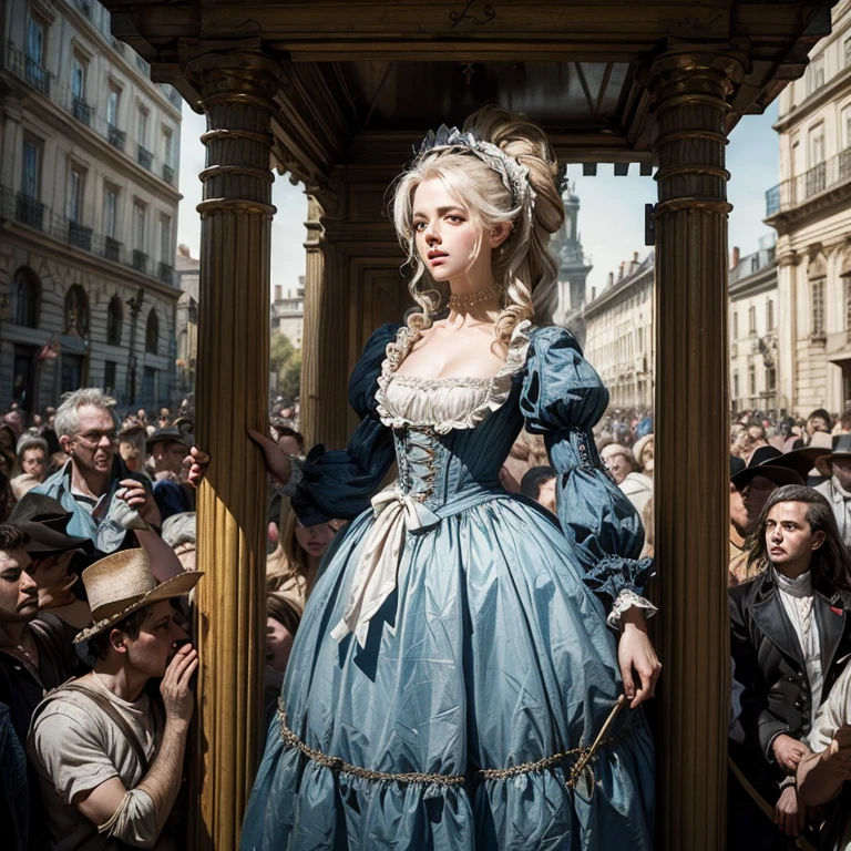 Marie Antoinette before her execution, torn clothes in the square, crowd of people, scaffold, guillotine 