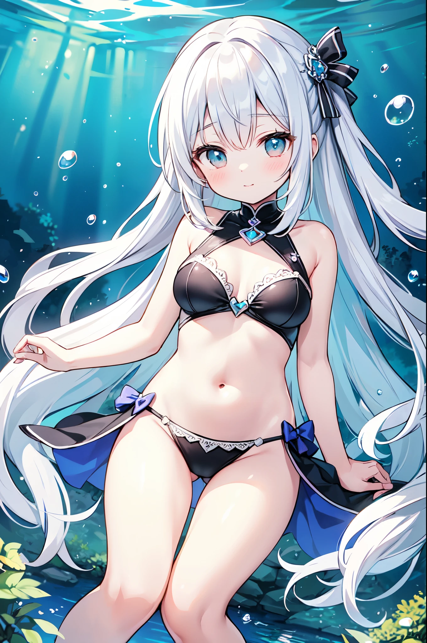 (highest quality)、((Super detailed))、(Ultra delicate)、Sexy and cute diver、、Silver Hair、Beautiful breasts、Beautiful thighs、Gorgeous、Fantastic Light、In the water、Bubble