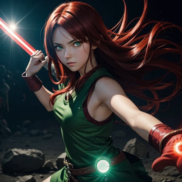 Anime girl with green eyes and dark red hair holds a glowing sword in her hands in a fight in Tokyo