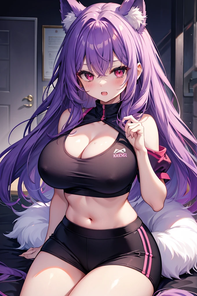 Fox Girl, Large Breasts, Voluminous purple hair, masterpiece , Red eyes, hd, Thick thighs, Head to Chest, buried in my chest、Underboob、Double teeth、tooth、Sports Bra