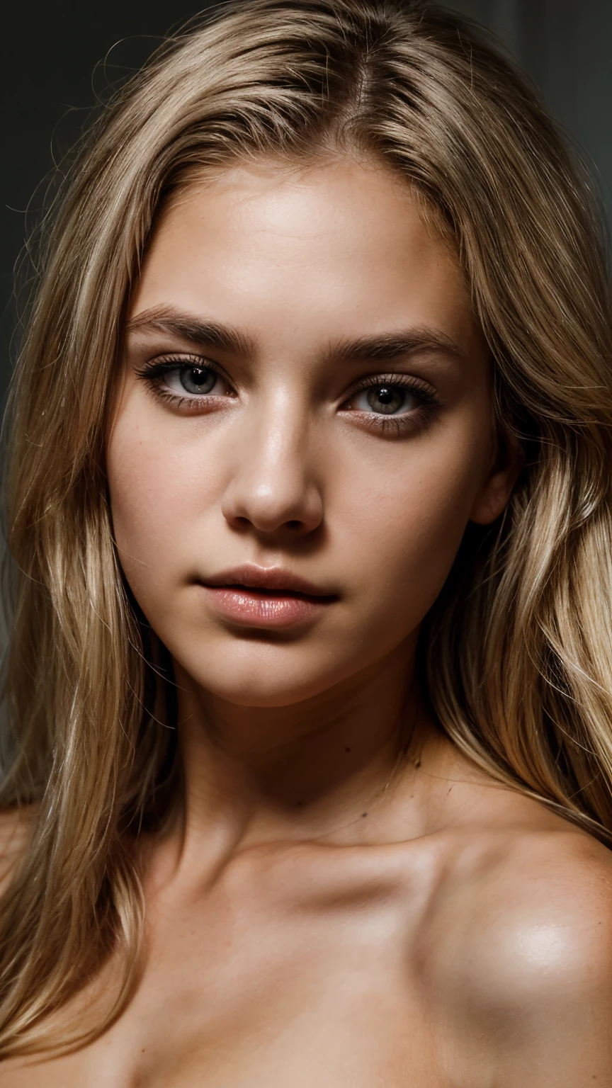 Photo of a 23 year old girl, calm expression, ultra-textured skin, blond hair, gray eyes, sharp focus on the subject, light makeup,
