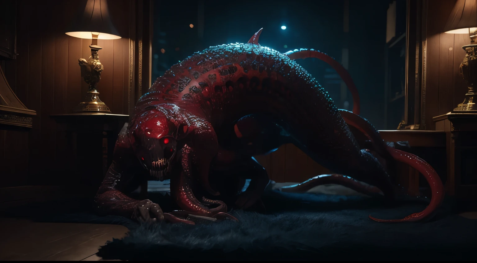 reelhorror, humanoid, lying, dismembered, veins, tongue, tail, teeth, eyes, flesh, drooling, looking at the viewer, blood, tentacles, wound, realistic, death, indoors, full shot, garbage, pov scene, point of view, hyperrealism, strong impressionist painting style, 1.618, elegant, ethereal, intricate, elaborate, hyper-realism, hyper-detailed, strong expressiveness and emotionality, cinematic lighting, visual clarity