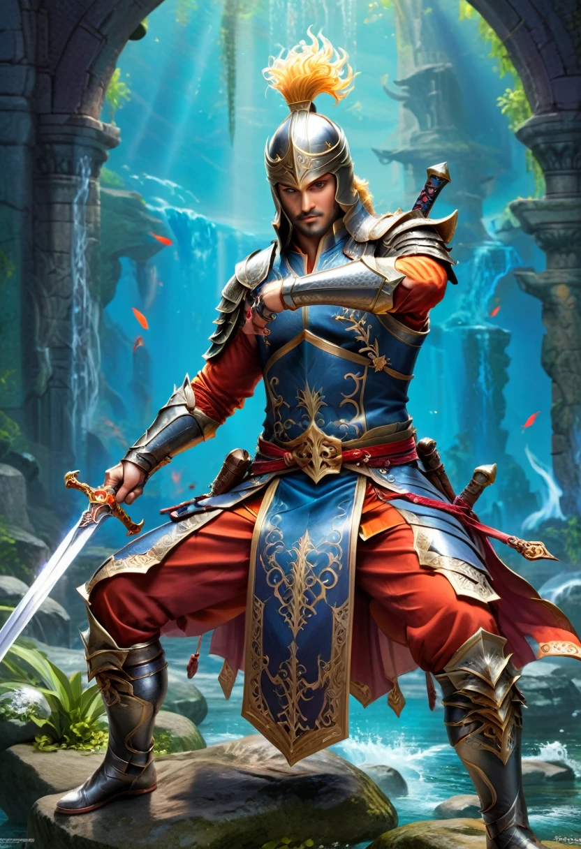 Sworasman, with sword, dynamic pose, Vibrant color palette, vibrant colors, rich, detailed background, (masterpiece, best quality, Professional, perfect composition, very aesthetic, absurdres, ultra-detailed, intricate details:1.3)