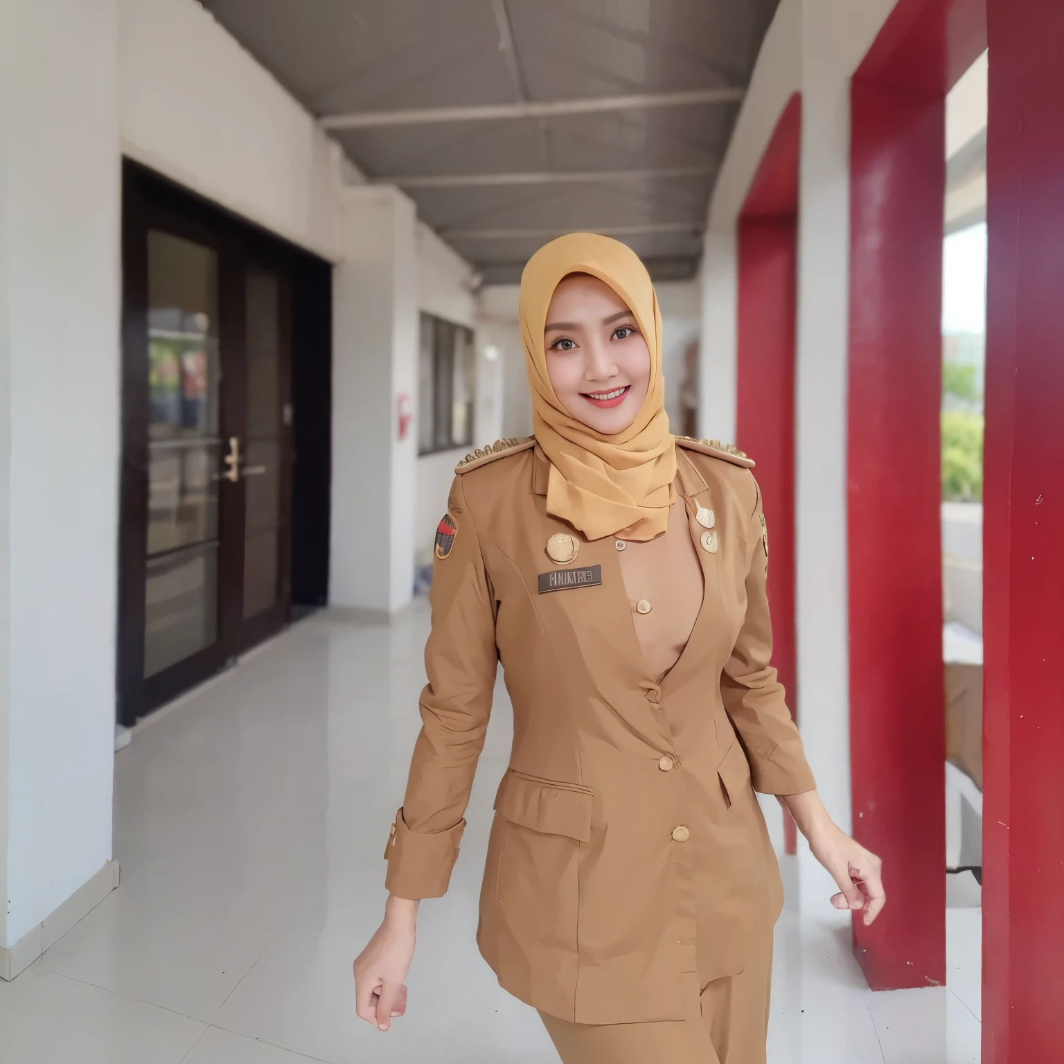 30 years old, Hijab Indonesian mature woman, Size: 96.9, Blazer, Slim body, Breasts about to burst, big breasts, smiling, sexy, horny, in the school corridor, bright light, during the day