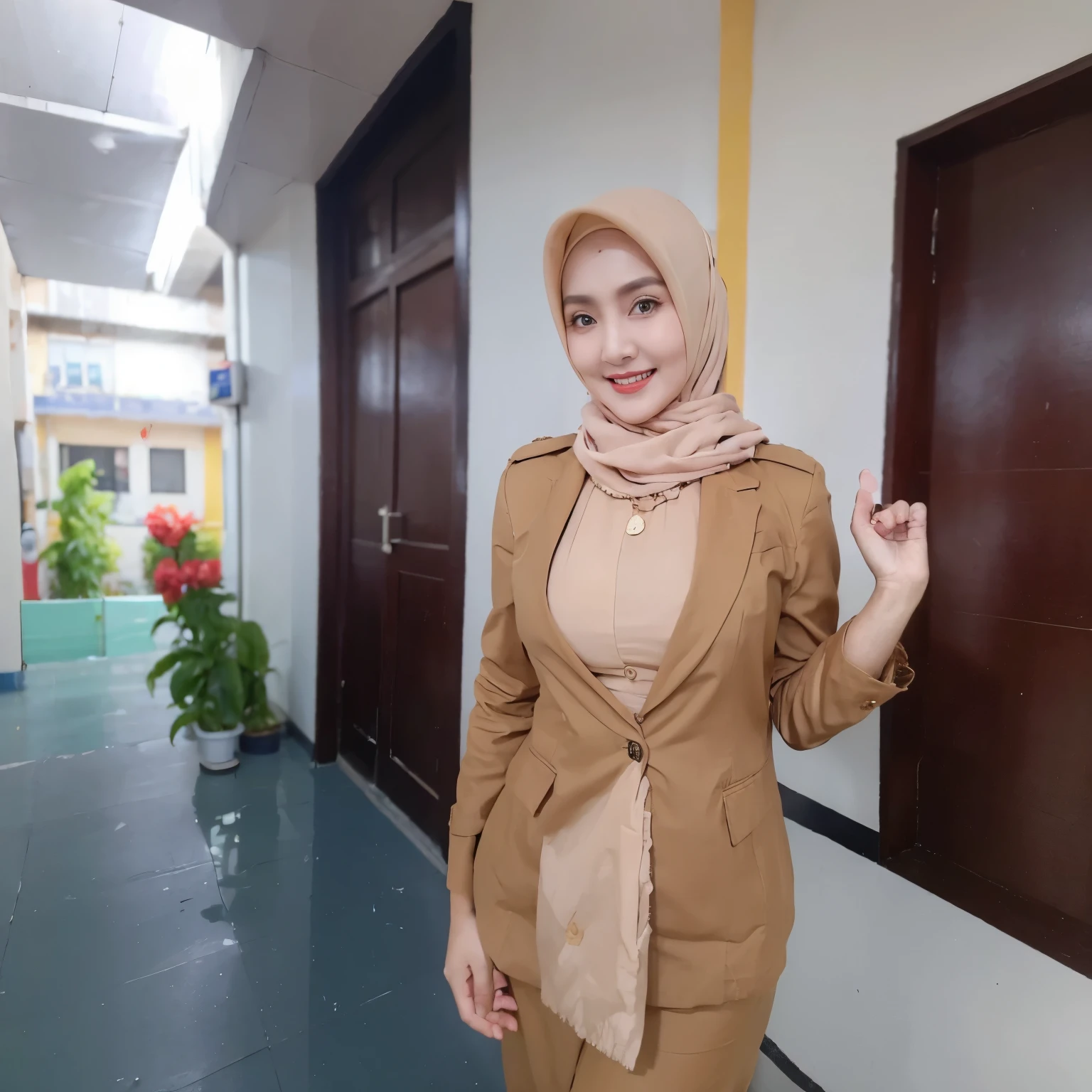 30 years old, Hijab Indonesian mature woman, Size: 96.9, Blazer, Slim body, Breasts about to burst, big breasts, smiling, sexy, horny, in the school corridor, bright light, during the day