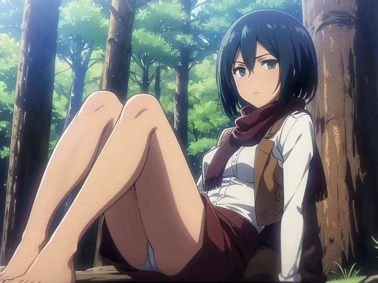 mikasa1, solo, bare legs and feet curled up, whole body, sexy pose, looking at the viewer, shirt and underwear, at the forest