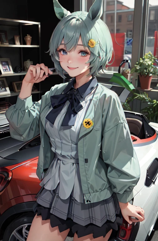 Seiun Sky (umamusume), 1lady solo standing, /(grid girl/) /(blue costume with logo/) mini skirt, mature female, blush kind smile, (masterpiece best quality:1.2) delicate illustration ultra-detailed, large breasts BREAK /(motor show indoors/), audience, detailed background