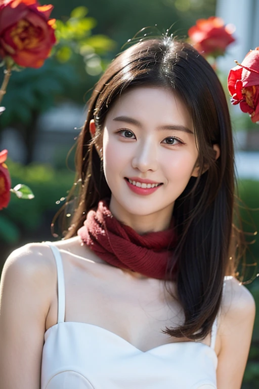 reminiscence, panorama, aspect, depth of field, bust, upper body, cinematic angle, masterpiece, best quality, very detailed, CG, 8k wallpaper, beautiful face, delicate eyes, a maiden, alone, laugh, silver hair, golden eyes, fair skin, hair, red scarf, White evening dress, rosefield, red flower, rose, flower garden, petal, Flying petal, smiling