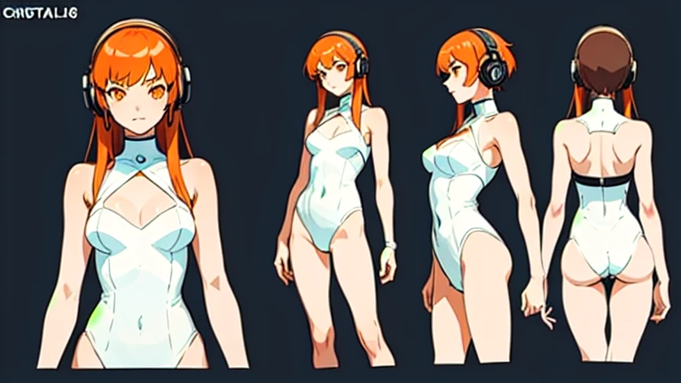((highest quality)), ((masterpiece)), ((Realistic)) 19 years old, Redhead girl, Shoulder-length hair, Relaxed and happy face,((Very detailed eyes)),Very detailed glowing eyes, ((thin)) ,Rubber bodysuit, ( White one piece swimsuit ) ((sexy )) ,Slender figure,textured pixie haircut (((Detailed character sheet, Front view, ~ Side view, 3/4 Views))) (((Cyberpunk background))) 6 and a half whole bodies,4K,UltraSharp,Multiple Views of the same character,Charterner v2, One girl, Slender figure, (Headphones),Brown Hair, Long Hair, Orange eyes, Same clothes, Concept Art, detailed_face, line_sketch, plan, Official Art, Official Alternative Costumes, Design style, multi style, detailed character, 4_~ side, original, 8K GC, massive detailed, Multiple Views of the same character, character, technical illustration, Multiple Views,masterpiece,highest quality(masterpiece, highest quality), 32k,(Very detailed beautiful woman), Poster,SF,Bauhaus, shape, Abstract,movie Poster, Vintage,Retro,Future Anime,The ultimate map,highlight,Headphones,Very detailed glowing eyes,Cleavage,Complex patterns,stylish hairstyle,fluorescence((White clothes)),cyber punk