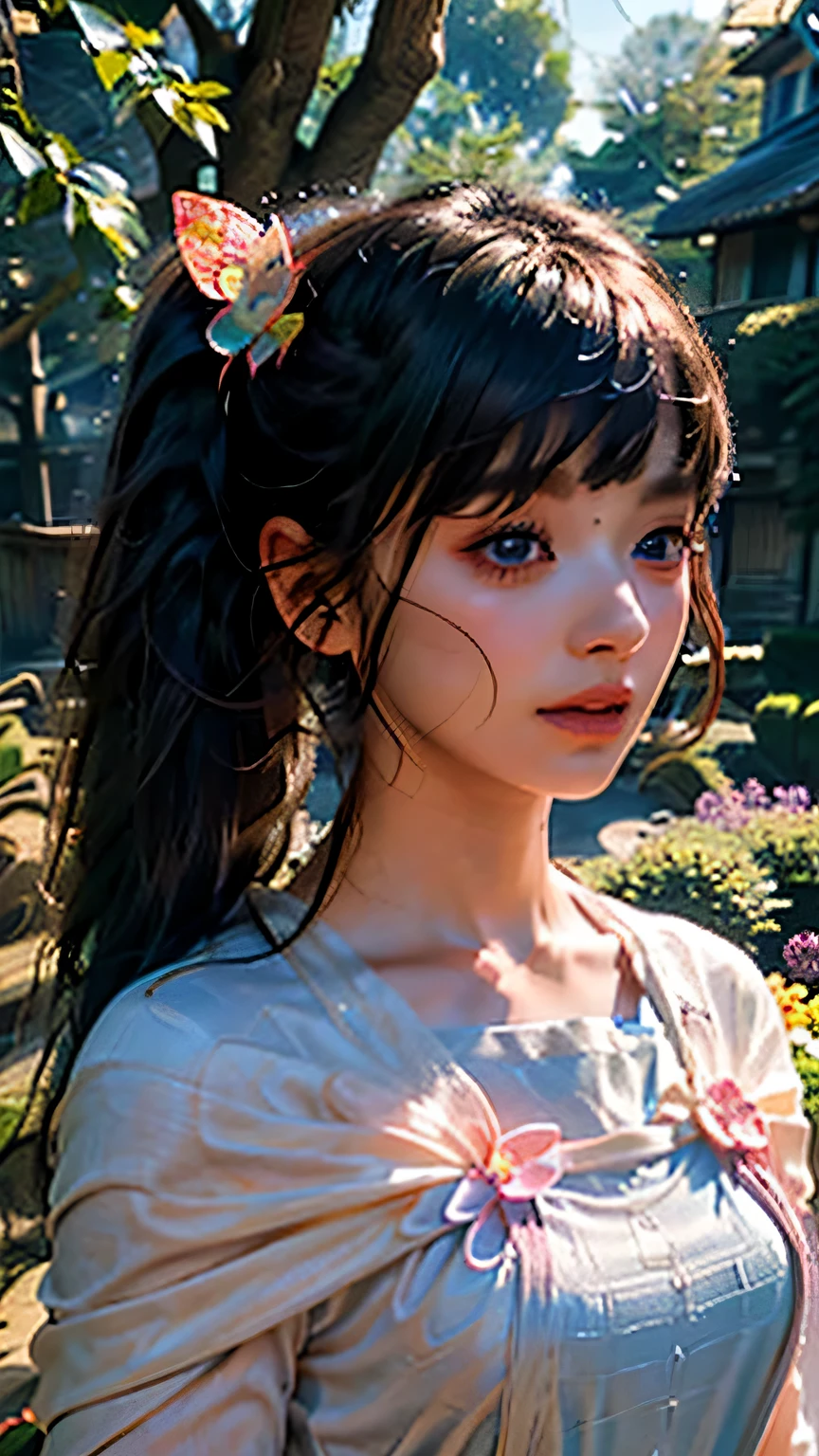 (ultra-detailed, HDR, UHD, 3D:1.2), most beautiful girl, detailed eyes, detailed lips, extremely detailed face, long eyelashes, vibrant colors, glowing skin, flowing hair, delicate features, graceful posture, blooming flowers in the background, soft sunlight, dreamy atmosphere, enchanting gaze