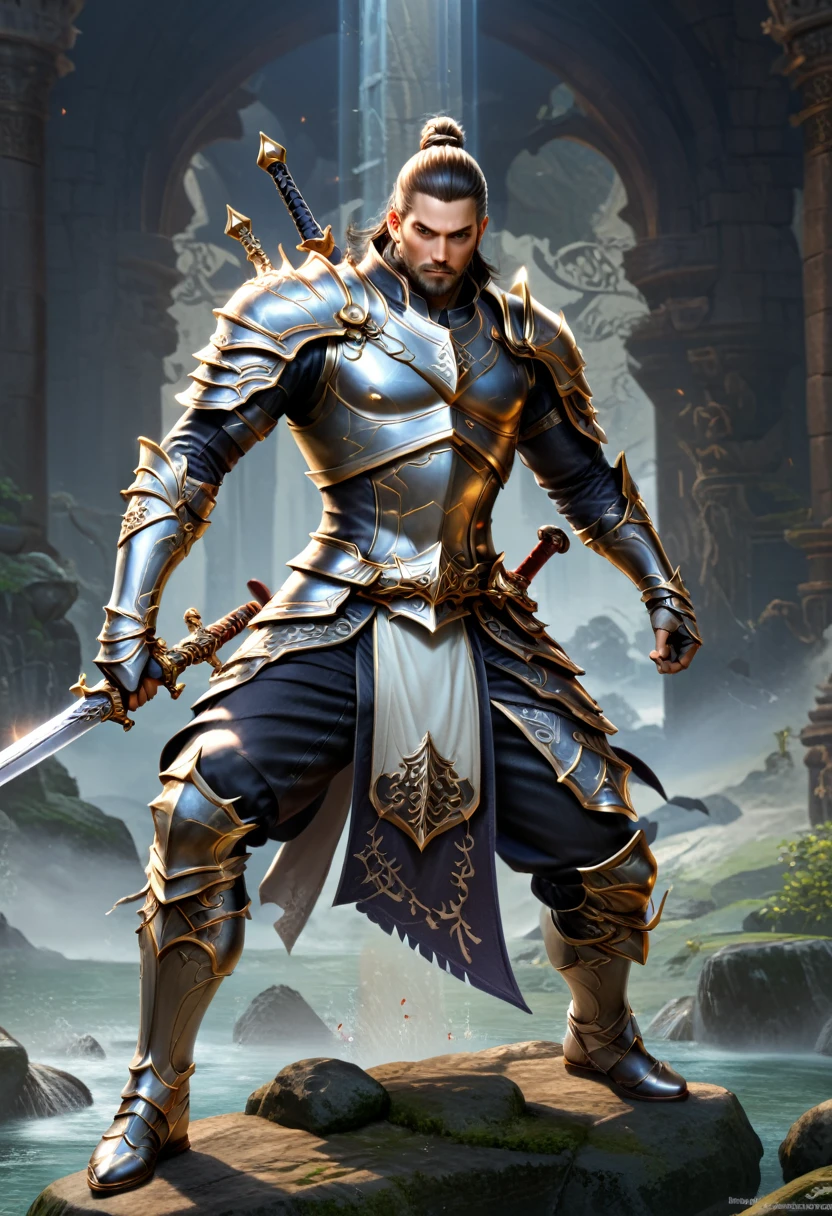 Sworasman, with sword, dynamic pose, solemn expression, delicate features, detailed background, (masterpiece, best quality, Professional, perfect composition, very aesthetic, absurdres, ultra-detailed, intricate details:1.3)