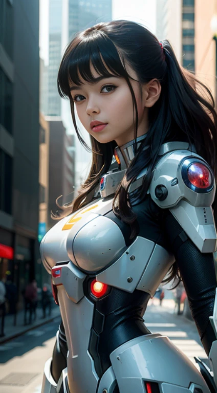 Here is a refined description of the scene you described:

The Mecha Maiden emerges amid the hustle and bustle of an Avengers-inspired city, destacando-se com sua cobertura mecha de corpo inteiro. Its imposing presence is a mix of elegance and power, reflecting a high security rating.

The image is captured in 8K, offering RAW photo quality and a stunning level of 1,25. The Mecha Maiden is portrayed in great detail, from glossy lips to lush eyelashes.

A cena apresenta uma profundidade de campo impressionante, com um desfoque suave que enfatiza a figura da Donzela Mecha. Subtle chromatic aberrations add a touch of authenticity to the image, while ample, natural light highlights its presence in the urban environment.

The Mecha Maiden is an impressive sight, capturada em imagens distantes que enfatizam sua magnitude e majestade. This representation combines elements of fantasy and reality into a visually stunning composition., destacando a beleza e o poder da personagem.