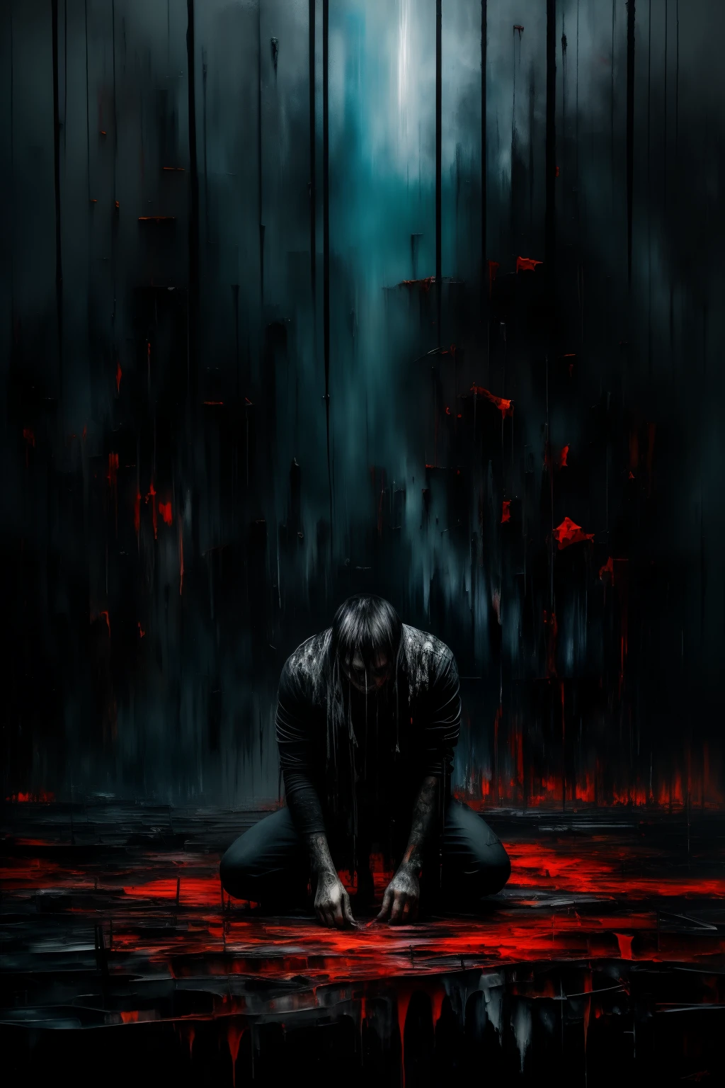 Horror-themed abstract male expressionist painting Emotional and physical pain, anguish, screaming, dark, rays of light, energetic brushwork, bold colors, abstract forms, expressive, emotional, Eerie, unsettling, dark, spooky, suspenseful, grim, highly detailed, blue, grey, black, a man kneeling
