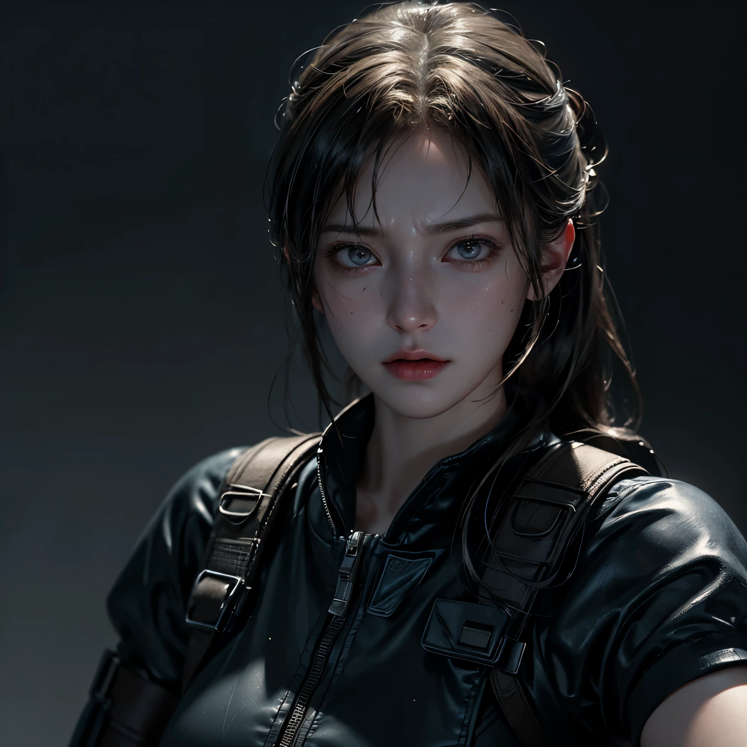 (Ultra-realistic illustration)、(Resident Evil series character: Jill)、(A high definition image)、(4K or higher)、(The character is intricately detailed)、(Best illustration of Jill's design)、Dynamic lighting and shadows、(Realistically rendered eyes with depth and expression)、(High-quality texture and detailing)、(A masterpiece of gaming art)、(Wallpaper material)、(Detailed rendering of Jill's features)、Raising a gun with focused intensity、One female protagonist、Engaging with the viewer's gaze、Pale and sweaty complexion、(Realistic facial expressions and