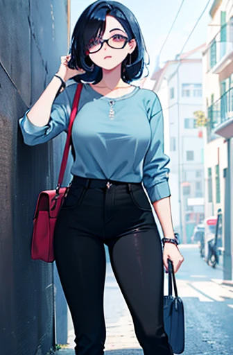 garota adolecente, com oculos e camisa azul,black pants,cabelo rosa e preto , olho vemelho, olho vedre