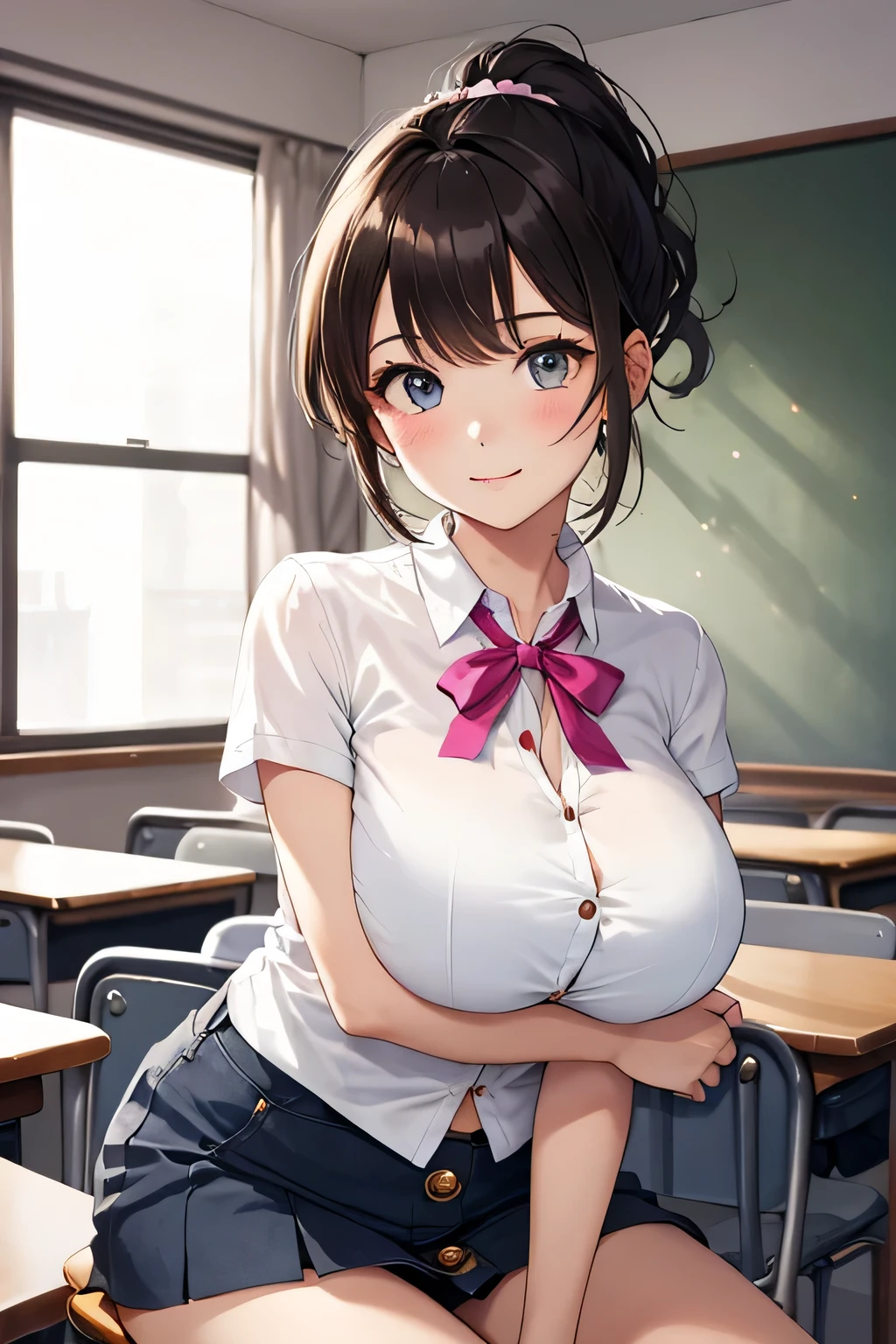 (highest quality:1.4)、(High resolution)、Detailed Background、(Beautiful face in every detail:1.4)、Anatomically correct、(Draw the usual number of fingers:1.2)、(Detailed facial expressions)、Beautiful, smooth skin、age Girl、(Huge breasts:1.5)、cute hair color、brown hair、Black Hair、ponytail、Bobcut、Realistic、Perfect body line、sitting on a chair in the classroom、Accentuate your breasts、Accentuate your cleavage、Show off your attractive armpits、Attractive big ass、attractive thick thighs、Absolute area、Charming atmosphere、Excited、Blushing、My shirt is about to be buttoned off.、The buttons on my shirt are so pulled they're about to come off、looking at me with a shy expression、Sheer short-sleeved shirt、Cowboy Shot、
(A beautiful girl with a short-sleeved shirt that is so small that the buttons come off and her breasts are about to spill out.:1.5)、
Choose a short shirt blouse that is slightly smaller in length, such as pink or mint green.、
Pair it with a pleated or flared mini skirt.、
The tulle mini skirt is also cute.、Colorful ribbons、
Complete your look with Oxford shoes、cute