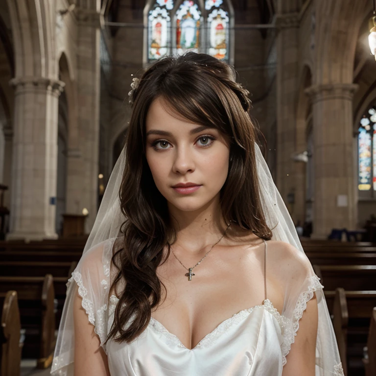 jeune femme de 25 ans, brune, professional lighting, Dim light, in a church, robe de mariée blanche en dentelle, wedding dress, coiffure professionnelle, maquillage professionnel, American plan, collier en or avec une croix