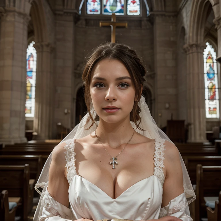 jeune femme de 25 ans, brune, professional lighting, Dim light, in a church, robe de mariée blanche en dentelle, wedding dress, coiffure professionnelle, maquillage professionnel, American plan, collier en or avec une croix