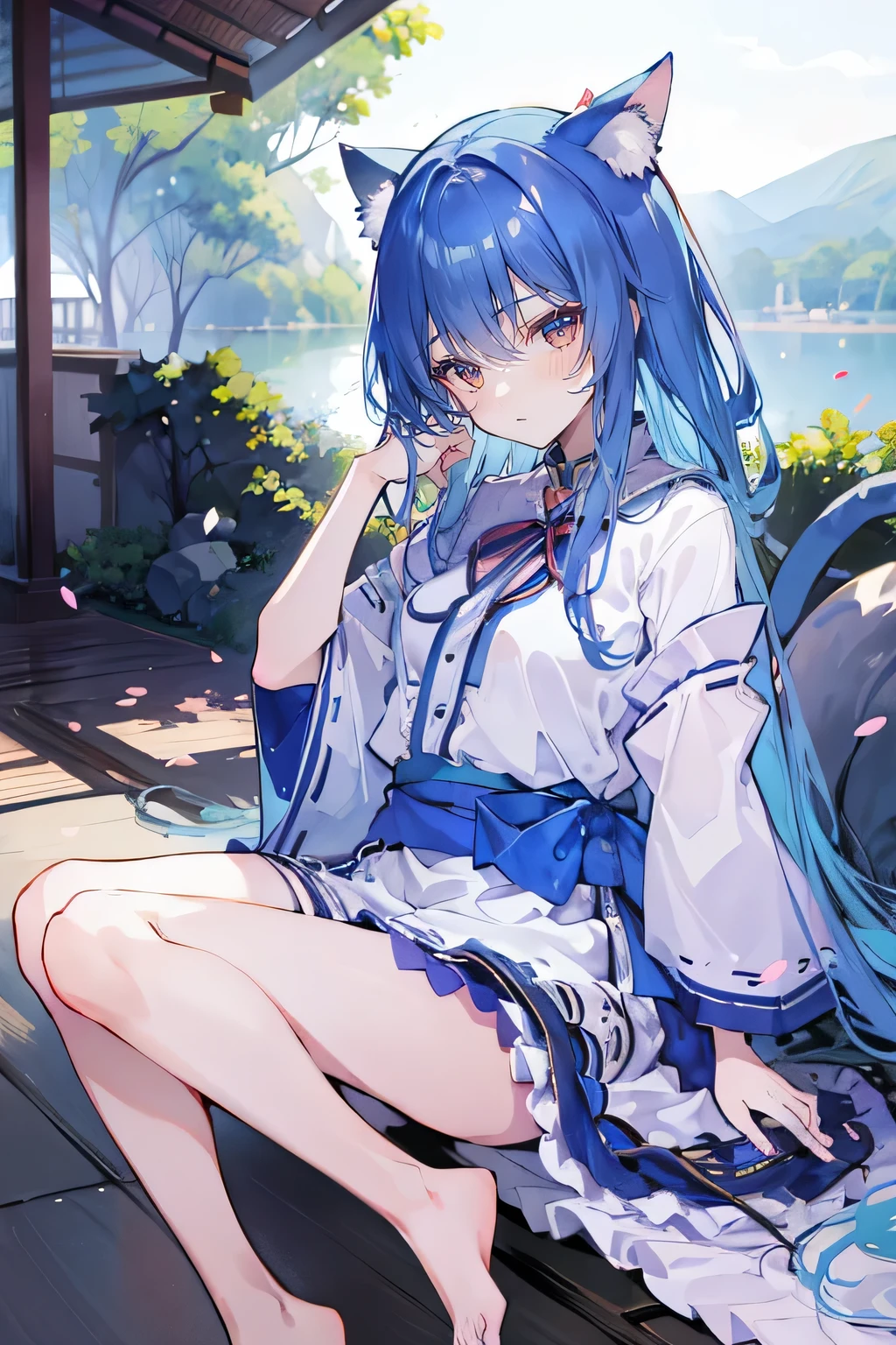 (masterpiece:1.2),ultra-detailed,realistic,expressive eyes,fair-skinned,perfectly shaped face,1girl,
Japanese cartoons,Gorgeous blue hair, flowing blue hair,floating clothes,cat ears,petals falling,beautiful Lola,Hina Angel,
hands on waist,gracefully sitting on the ground,legs crossed,gentle and serene background,cool and comfortable pavilion.