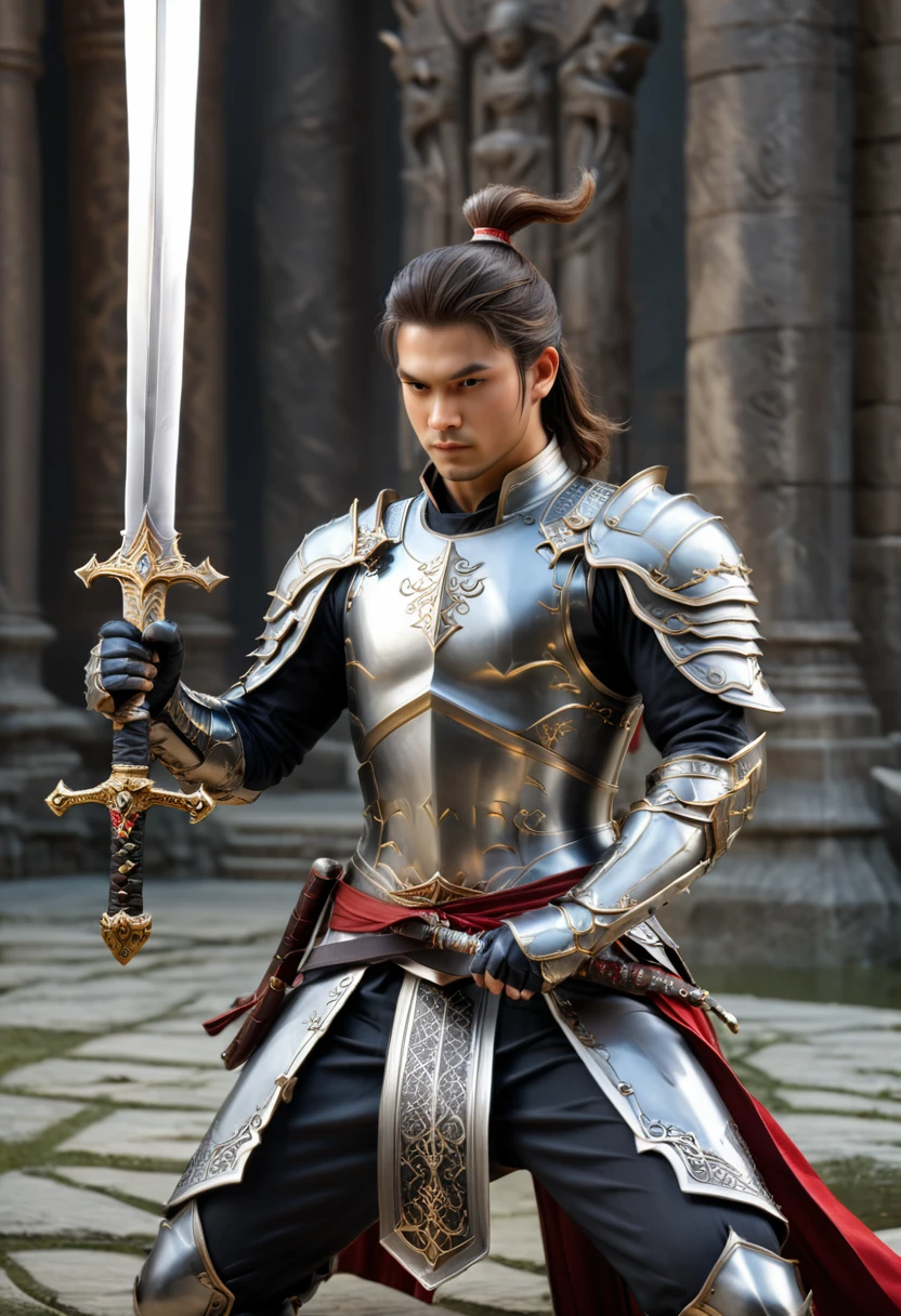 Sworasman, with sword, dynamic pose, focused expression, side profile, delicate features, detailed background, (masterpiece, best quality, Professional, perfect composition, very aesthetic, absurdres, ultra-detailed, intricate details:1.3)