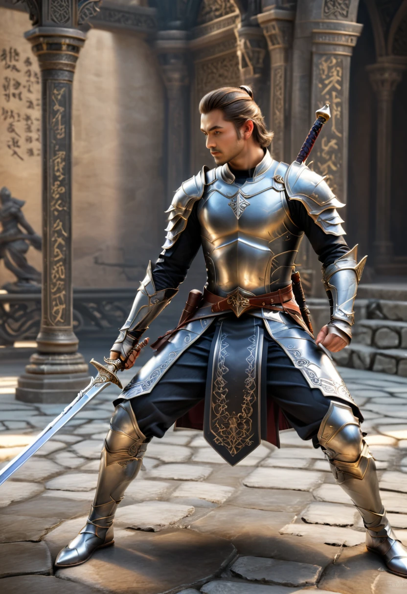 Sworasman, with sword, dynamic pose, focused expression, side profile, delicate features, detailed background, (masterpiece, best quality, Professional, perfect composition, very aesthetic, absurdres, ultra-detailed, intricate details:1.3)
