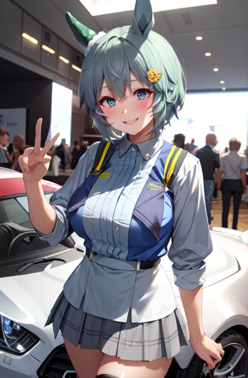 Seiun Sky (umamusume), 1lady solo standing, /(grid girl/) /(blue costume with logo/) mini skirt, mature female, blush kind smile, (masterpiece best quality:1.2) delicate illustration ultra-detailed, large breasts BREAK /(motor show indoors/), audience, detailed background