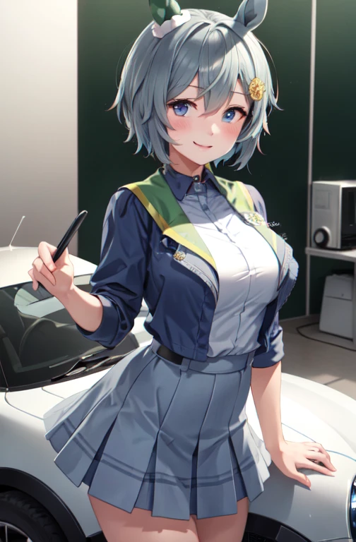 Seiun Sky (umamusume), 1lady solo standing, /(grid girl/) /(blue costume with logo/) mini skirt, mature female, blush kind smile, (masterpiece best quality:1.2) delicate illustration ultra-detailed, large breasts BREAK /(motor show indoors/), audience, detailed background