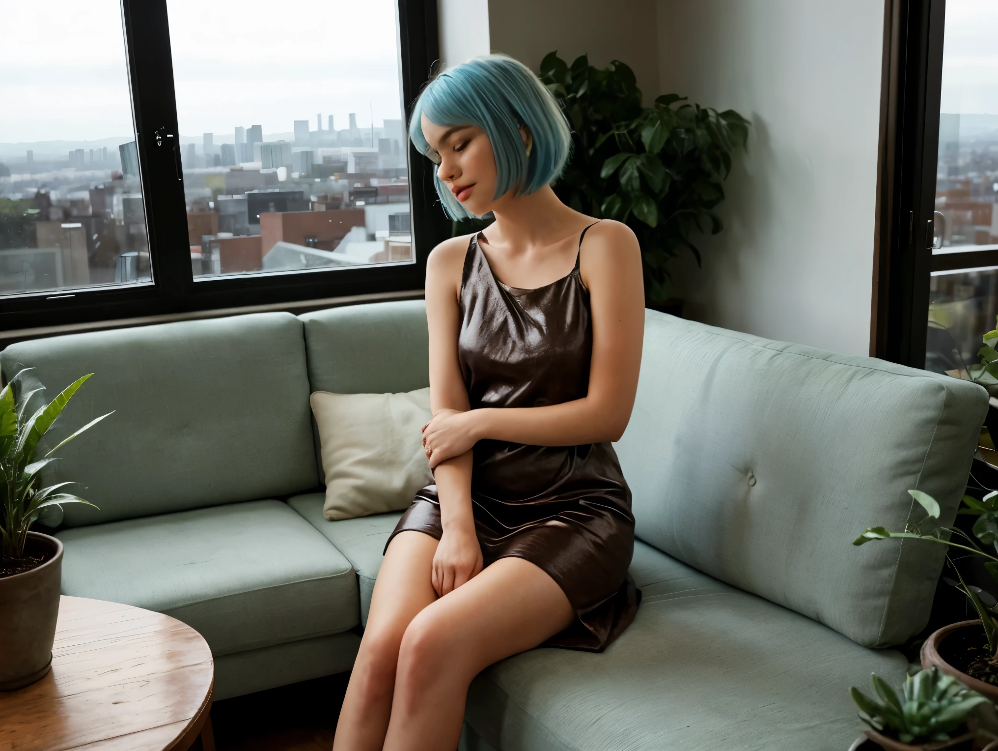 ((mejor calidad)), ((Obra maestra)), (detallado), cara perfecta The image illustrates a young woman with large natural features, seated on a white, curved sofa. Her celestial blue hair, matching the color of the sky, cascades to her shoulders. She's adorned in a terracotta dress that hugs her form and is holding a coffee cup with a lid. Her heels complement her poised, crossed-legs posture. The wooden-floored room boasts potted plants, and the vast window frames a city at sunset, with the backdrop of a sky that fades from pink to blue. And bring the medium-sized ones Imagine a sophisticated scene where a woman with an elegant and modern sky-blue bob haircut sits on a luxurious white, half-moon shaped sofa. She is dressed in a chic, sleeveless, rust-colored bodycon dress that gracefully accentuates her figure. The dress should have a slight ruching detail on the side, adding texture and refinement to the look. She's paired this with pointed nude high heels, which complement the earthy tones of her outfit. In her right hand, she holds a disposable coffee cup with a white lid, suggesting a moment of relaxation with her favorite beverage.

The sofa is positioned near a massive floor-to-ceiling window that frames a sprawling urban landscape. It's twilight, and the city lights are just beginning to twinkle, while the sky transitions to a dusky hue. Inside, to the left of the woman, a tall green plant stands in a terracotta pot, providing a fresh burst of greenery that harmonizes with the indoor-outdoor feel. Another smaller potted cactus sits beside it, adding to the cozy yet open atmosphere.

Her pose is one of ease and contemplation, with one leg bent and the other gently resting on the sofa, her gaze is directed thoughtfully out the window, lost in the serene moment. The ambient lighting is soft and warm, highlighting the woman's features and creating a peaceful mood that blends the comfort of the interior with the vastness of the city beyond Y que traiga el cabello de