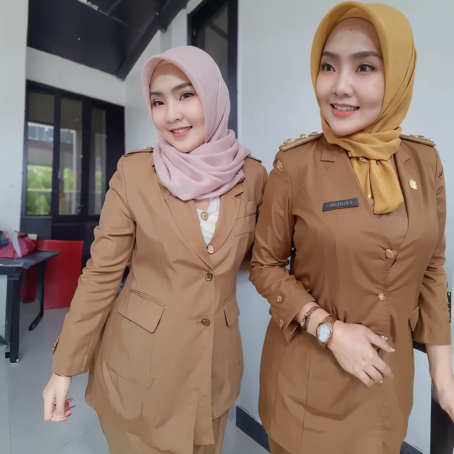 30 years old, Hijab Indonesian mature woman, Size: 96.9, Blazer, Slim body, Breasts about to burst, big breasts, smiling, sexy, horny, in the school corridor, bright light, during the day