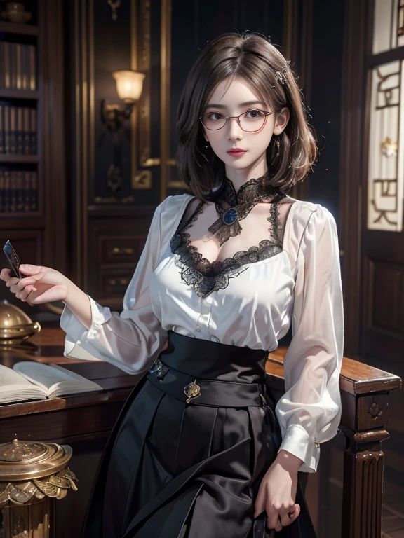 (Realistic、High resolution:1.3),alone, One Girl, masterpiece, highest quality, Very detailed, Cinema Lighting, Intricate details, High resolution, Official Art, Beautifully detailed face and eyes, High resolutionのイラスト, 8k, (Short Bob Hair), Ash Brown Hair:1.3, Very thin body, ((Long skirt、Black lace blouse :1.3)) 、Single Blade, blue eyes, Glasses, Conceit, Sit on a chair, Upper Body, Big Breasts, White shirt, Book_stack, library, ((vine)), Rose, Looking at the audience