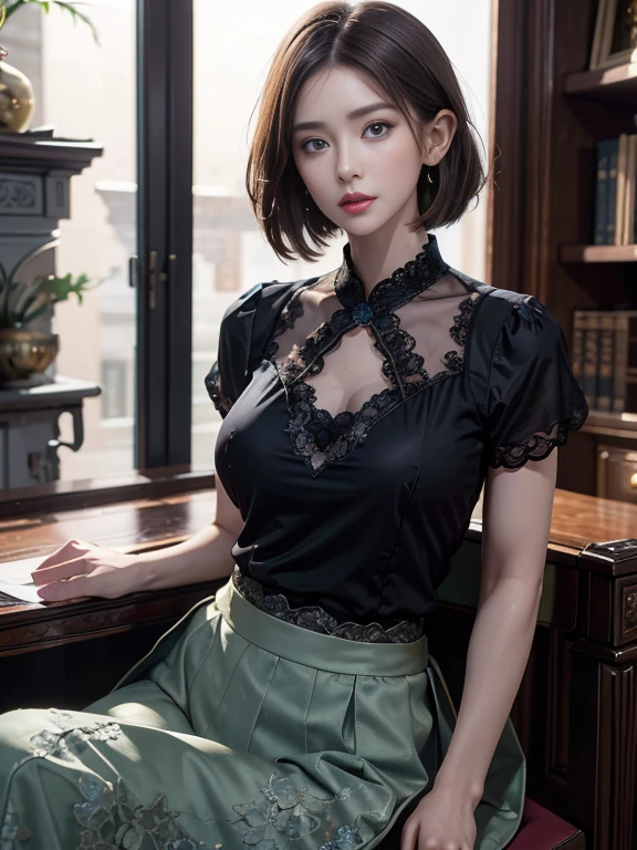 (in prison cell), (shibari), ((arm behind back)), (to wield a whip) ((top quality, 8k, masterpiece: 1.3)), crisp focus: 1.2, beautiful woman with perfect figure: 1.4, slender abs: 1.2, ((layer cut, big: 1.2)), (sunny, office: 1.2), highly detailed face and skin texture, detailed eyes, brown berry short hair, studio, bdsm,slave,office lady,((lace)),(long tight skirt),high neck, pantyhose, black and white clothes,glasses,